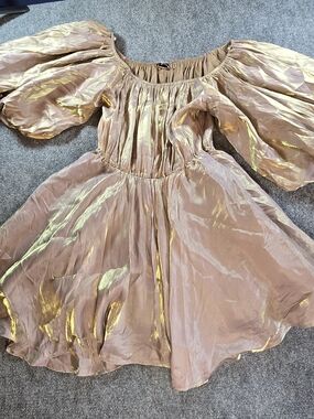 Arula Metallic Mini Dress Womens XL Taupe Puff Sleeve Party Cocktail Dress